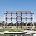Modern Glass Facade Building With Multiple Floors Landscaped Garden Water Feature And Greenery