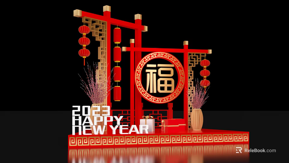 2023 Chinese New Year Decoration With Red Lanterns Fu Character And Traditional Frame 3d model 