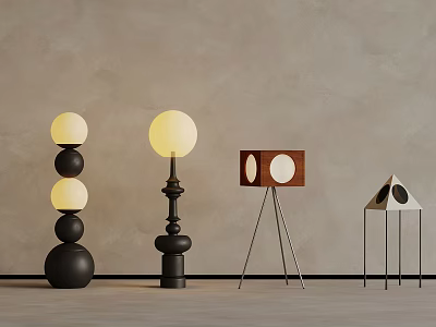 Contemporary Lighting Fixtures With Spherical Shades Wooden Frames And Metal Stands 3d model