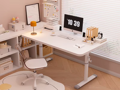 White Adjustable Desk With Computer Monitor Lamp Storage And Chair Setup 3d model