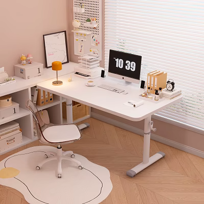 White Adjustable Desk With Computer Monitor Lamp Storage And Chair Setup 3d model
