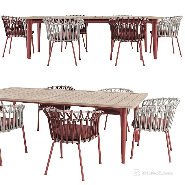 Modern Table And Chair Set With Wicker Chairs And Wooden Table Surface 3d model 