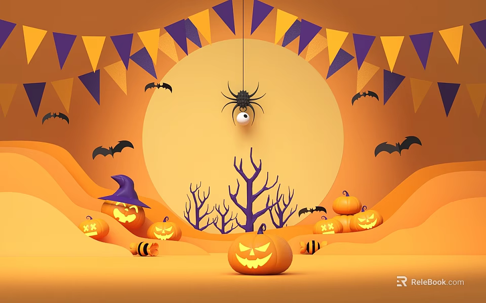 Halloween Decor With Pumpkin Lanterns Spider Bats Witch Hat Bare Trees And Bunting 3d model 