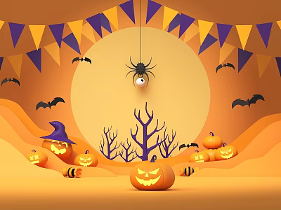 Halloween Decor With Pumpkin Lanterns Spider Bats Witch Hat Bare Trees And Bunting 3d model