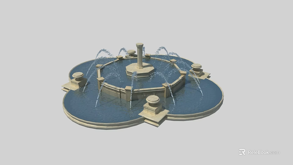Ornate Circular Water Fountain With Tiered Sprayers And Decorative Stone Pillars 3d model 