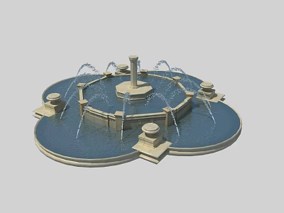 Ornate Circular Water Fountain With Tiered Sprayers And Decorative Stone Pillars 3d model