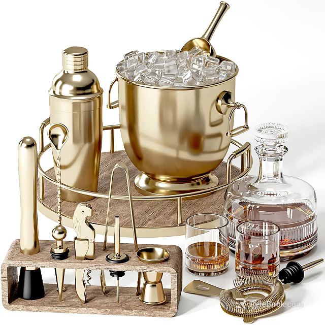 Premium Kitchen Bar Tools With Brass Ice Bucket Cocktail Shaker And Glasses 3d model 