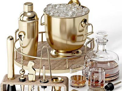 Premium Kitchen Bar Tools With Brass Ice Bucket Cocktail Shaker And Glasses 3d model