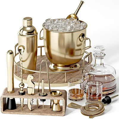 Premium Kitchen Bar Tools With Brass Ice Bucket Cocktail Shaker And Glasses 3d model