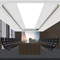 Modern Conference Room Interior With Long Wooden Table Black Chairs Wooden Walls And Illuminated Ceiling