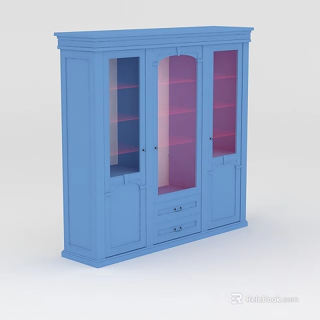 Stylish Blue Wine Cabinet With Glass Doors Shelves And Bottom Drawers 3d model 