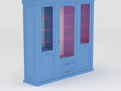 Stylish Blue Wine Cabinet With Glass Doors Shelves And Bottom Drawers 3d model