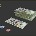 Daily Necessities Including Stacks of US Dollar Bills and Coins on Reflective Surface