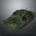 Modern Green Camouflage Military Tank With Armored Turret Cannon Antennas And Tracks