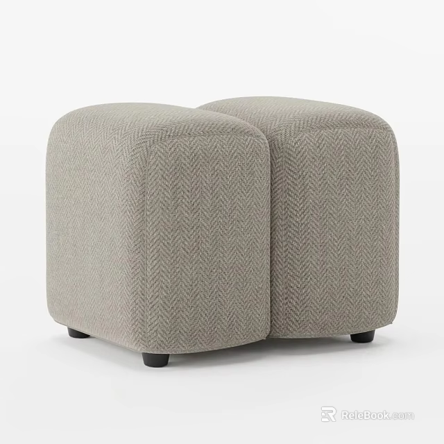 Two Beige Herringbone Pattern Upholstered Ottoman Stools With Black Legs 3d model 
