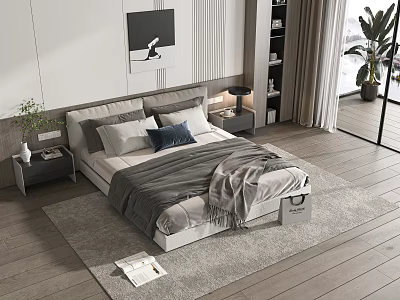 Modern Double Bed With Soft Bedding Side Nightstands Wall Art And Floor Rug 3d model