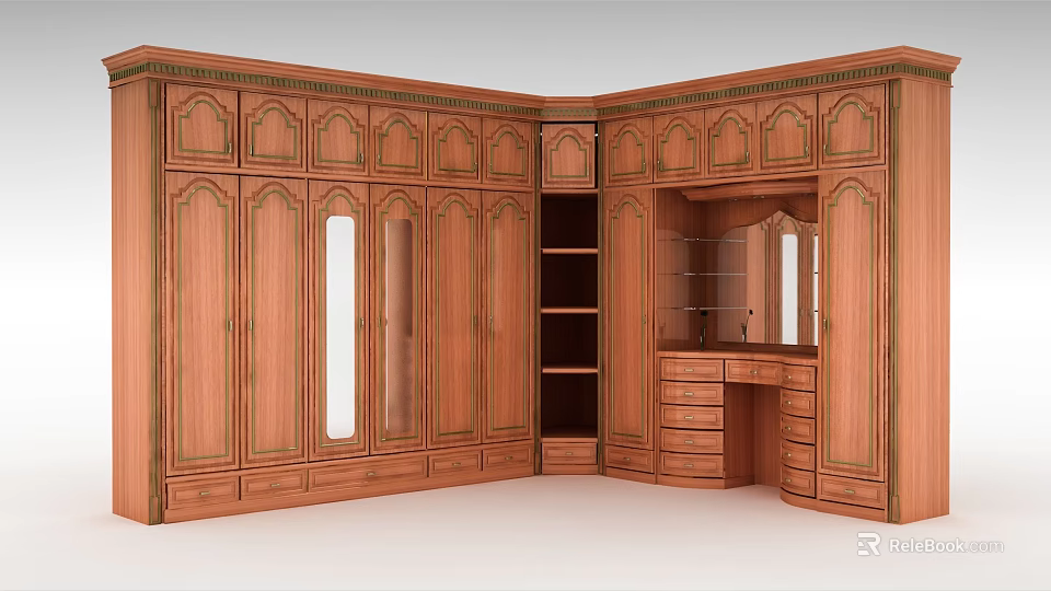 Traditional Wooden Corner Wardrobe Design With Mirror Doors Drawer Units And Storage Shelves 3d model 