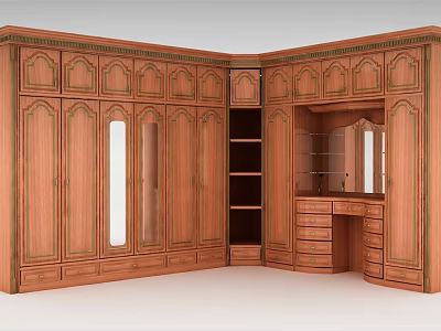 Traditional Wooden Corner Wardrobe Design With Mirror Doors Drawer Units And Storage Shelves 3d model