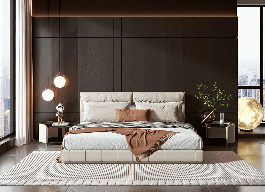 Light Double Bed With Pillows Brown Throw Blanket Nightstands Dark Wooden Wall And City View 3d model 