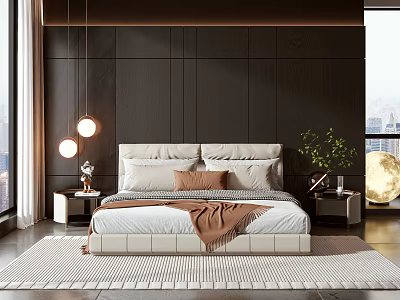 Light Double Bed With Pillows Brown Throw Blanket Nightstands Dark Wooden Wall And City View 3d model