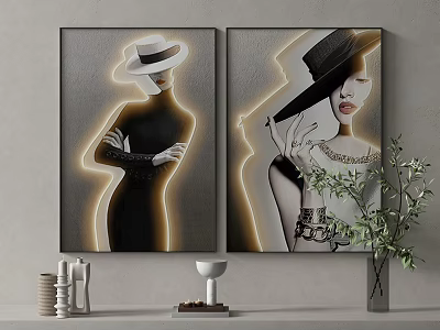 Modern Portrait Paintings With Neon Lighting And Hat Wearing Figures For Interior Decor 3d model