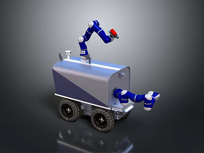 Mobile Robot Featuring Multiple Blue Robotic Arms And Wheeled Industrial Base 3d model