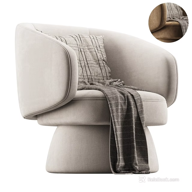 Beige Leisure Chair With Plaid Pillow And Blanket Curved Armrests Round Base 3d model 