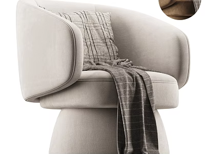 Beige Leisure Chair With Plaid Pillow And Blanket Curved Armrests Round Base 3d model