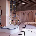 Indoor Garden Landscape Design Featuring Arched Doorways Wooden Ceiling And Green Plants