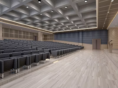 Spacious Conference Room Interior With Rows Of Black Seats And Light Wooden Floor 3d model