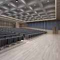 Spacious Conference Room Interior With Rows Of Black Seats And Light Wooden Floor