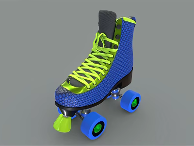 Stylish Blue Roller Skates with Neon Yellow Laces and Blue Wheels with Green Accents 3d model