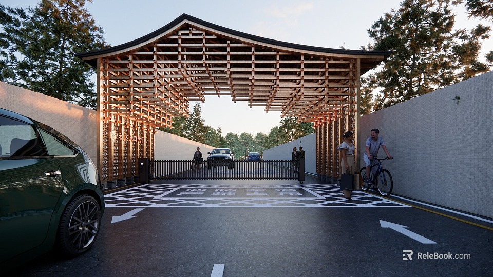 Wooden Roofed Entrance Gate With Trees People Bicycle And Green Car 3d model 