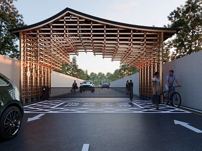 Wooden Roofed Entrance Gate With Trees People Bicycle And Green Car 3d model