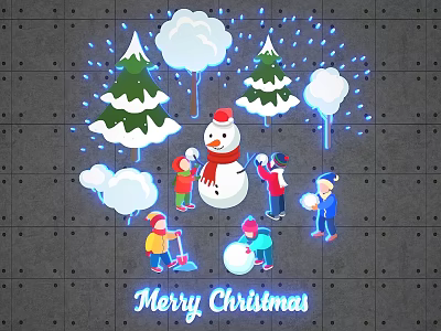 Children Playing With Snowman And Trees In Christmas Snow Scene 3d model