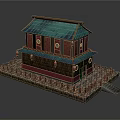 Cartoon Scene of Traditional Chinese Two Story Building With Green Roof Red Railings And Lanterns