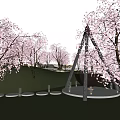 Garden Feature With Pink Cherry Blossom Trees Lush Green Lawn And Circular Swing Platform