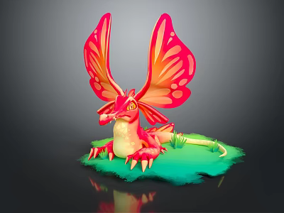 Game Movie Fantasy Dragon Character with Red Orange Butterfly Wings and Green Base 3d model