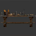 Rustic Wooden Dining Table with Ornate Metal Accents and Food Plates Decor