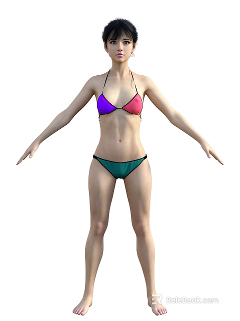 Woman in Bikini With Purple and Pink Top and Green Bottom on White Background 3d model 