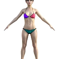 Woman in Bikini With Purple and Pink Top and Green Bottom on White Background