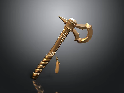Golden War Hammer With Twisted Handle Spiked Head And Crescent Blade Pendant 3d model