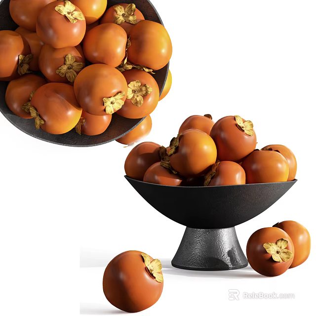 Ripe Persimmons Poured Into Black Bowl With Fresh Fall Harvest 3d model 