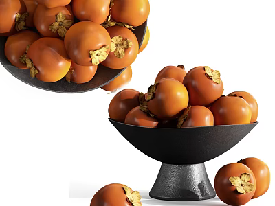 Ripe Persimmons Poured Into Black Bowl With Fresh Fall Harvest 3d model