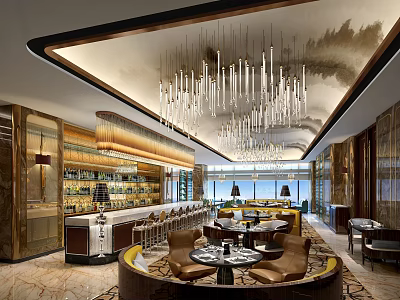 Luxury Restaurant Interior With Hanging Long Chandeliers Bar Counter And Round Tables 3d model