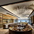 Luxury Restaurant Interior With Hanging Long Chandeliers Bar Counter And Round Tables