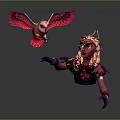 Fantasy Horned Elf Female Character With Purple Outfit And Red Winged Bird Creature