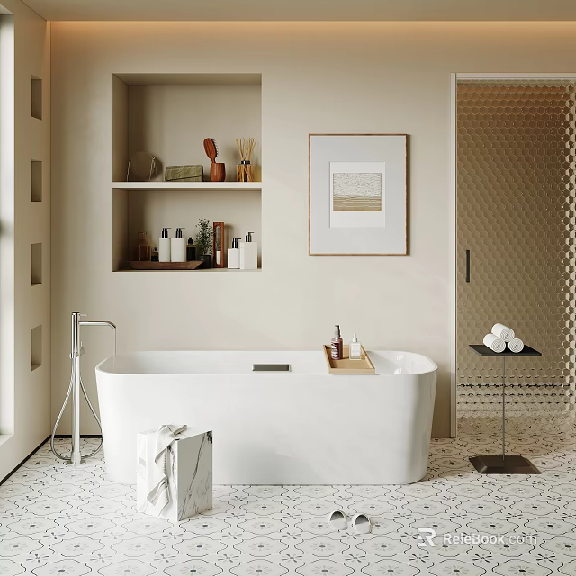 White Free Standing Bathtub in Modern Bathroom with Wall Shelf Framed Art and Tiled Floor 3d model 
