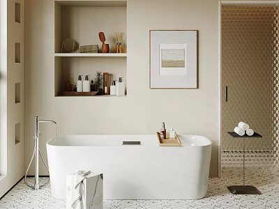 White Free Standing Bathtub in Modern Bathroom with Wall Shelf Framed Art and Tiled Floor 3d model