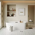White Free Standing Bathtub in Modern Bathroom with Wall Shelf Framed Art and Tiled Floor
